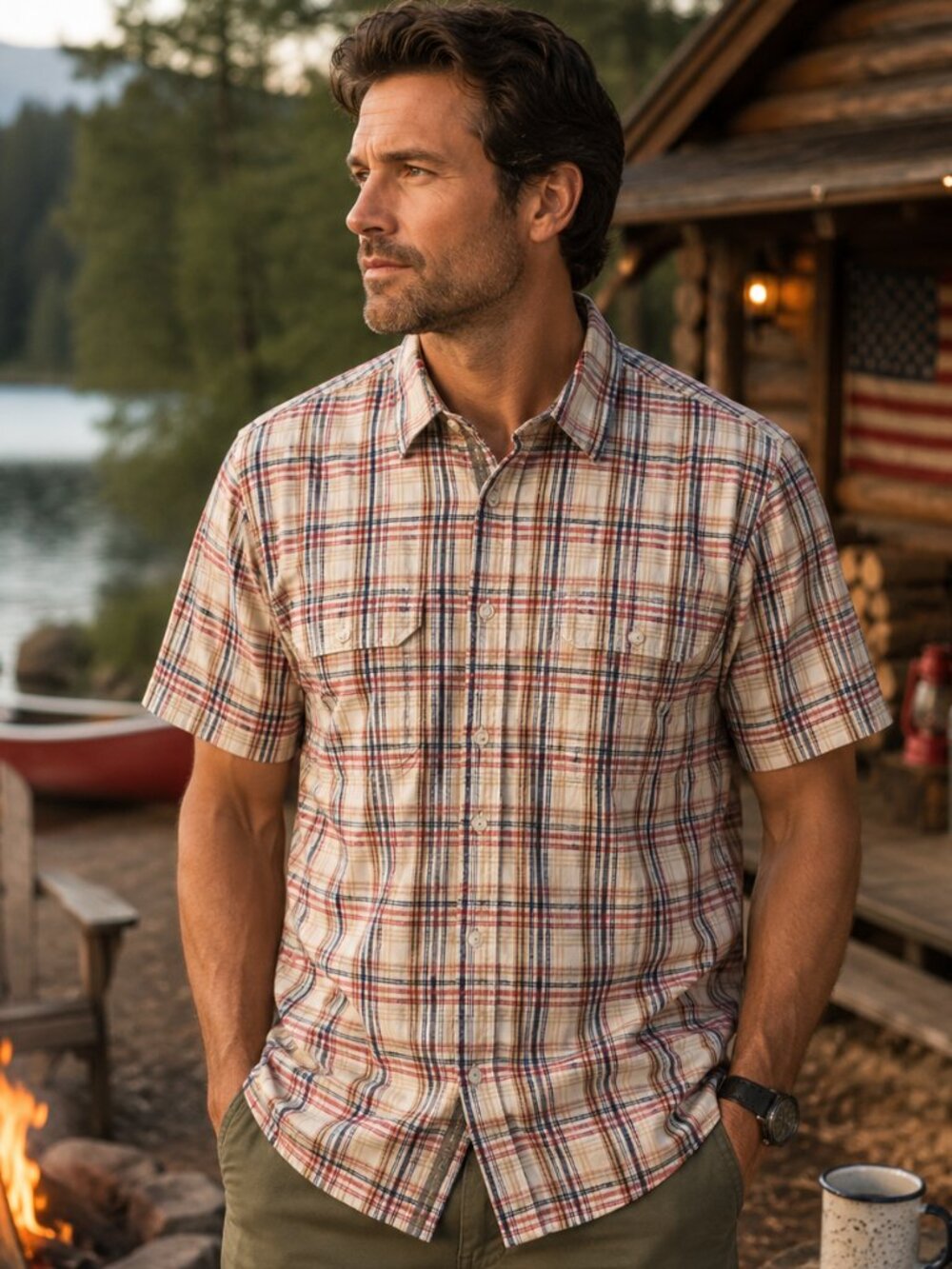 Croft & Barrow‎ Men's Plaid Shirt Med Short Sleeve Cotton Camping Fishing Hiking